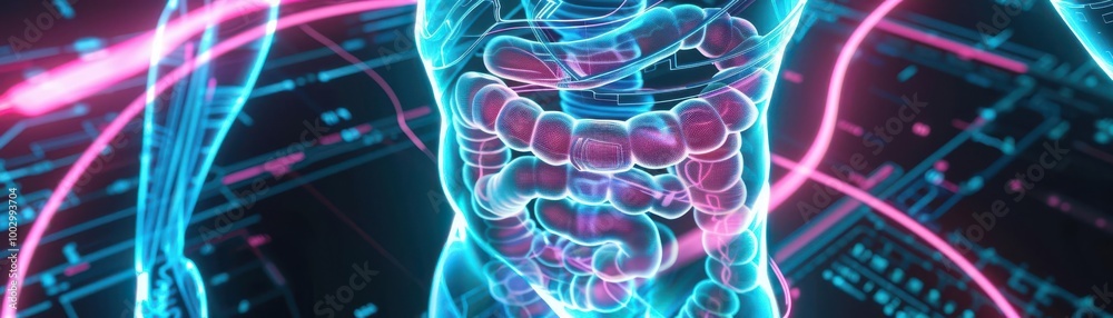 Obraz premium Sci-fi x-ray of intestines with AI-driven holographic diagnostic tools, glowing with electric blue and pink lines, Digital Art, Futurism