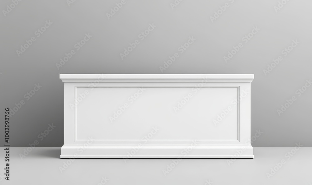 Fototapeta premium A blank white portable exhibition counter, shown as a realistic mockup, suitable for trade show promotional table display stands and design, Generative AI