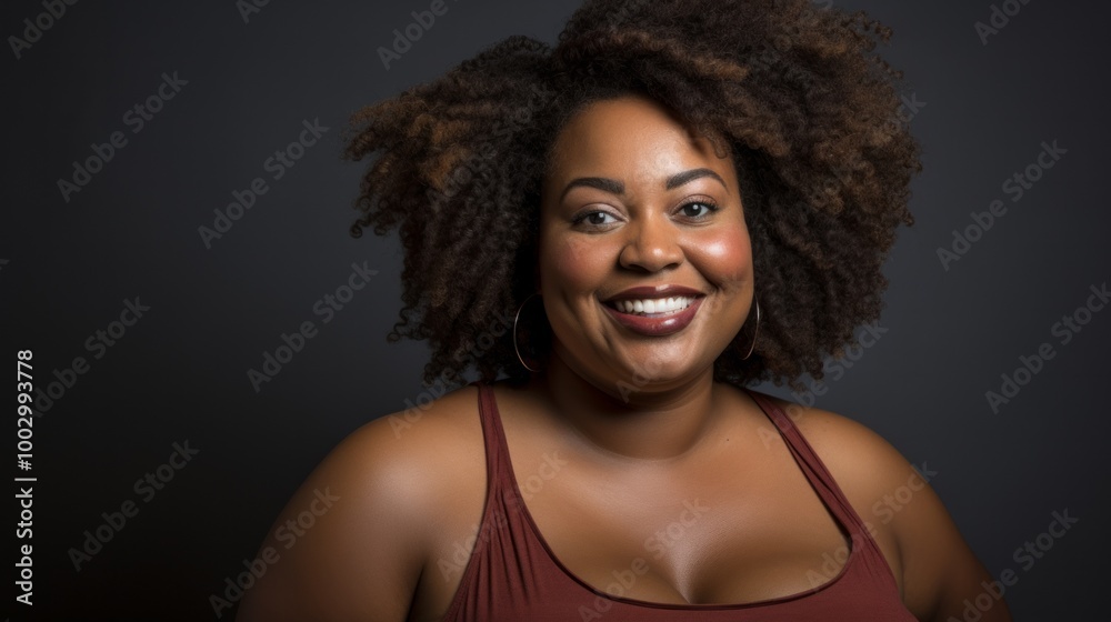 Portrait of dark skinned plus size woman smiles gladfully being in good mood. Neural network ai generated art Portrait of dark skinned plus size woman smiles gladfully being in good mood. Neural network ai generated art