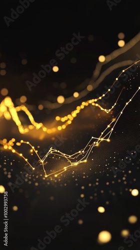 Abstract digital wave with golden particles on black background, futuristic technology concept