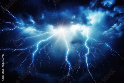 generated illustration of dramatic scene of lightning illuminating the dark blue sky,