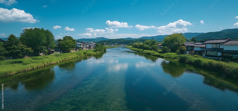 Serene river flowing through a village with lush greenery and mountains in the background. Serene river flowing through a village with lush greenery and mountains in the background.