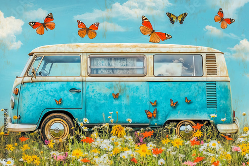 Camper van parked in a picturesque meadow, with wildflowers blooming and butterflies fluttering around