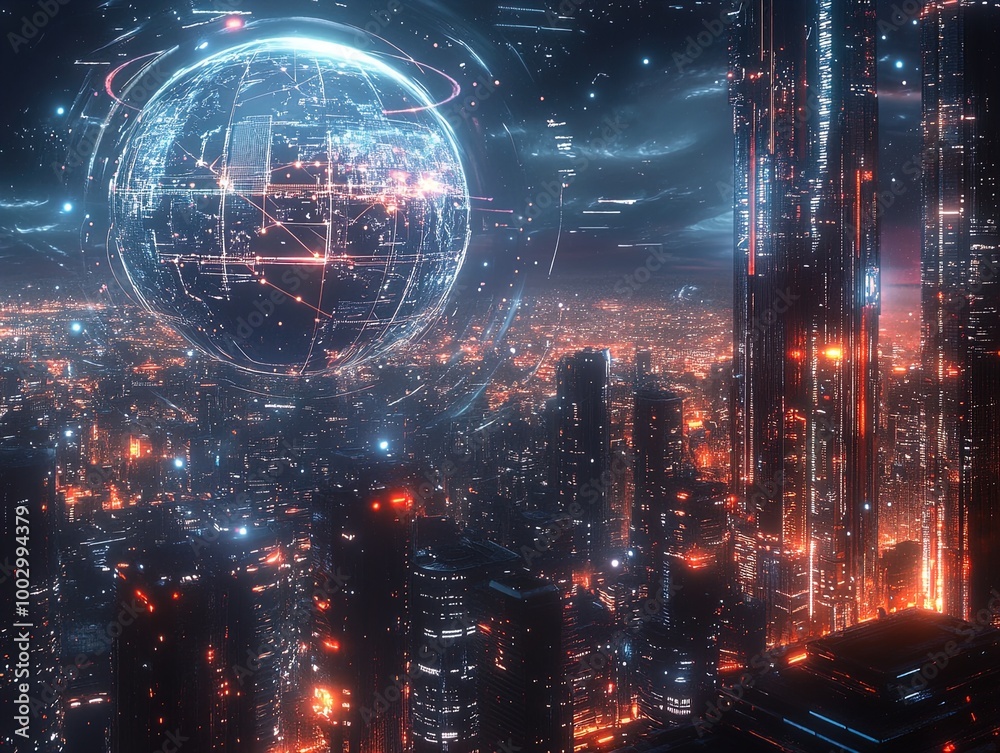 Fototapeta premium Illuminate Your Space: A Stunning Skyline and Globe Design Perfect for Sports Interiors, Highlighting Global Interactions and Technological Integration