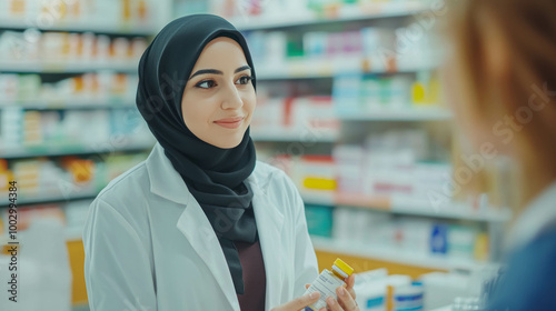 Arab Female Pharmacist With Hijab Consulting a Customer in a Modern Pharmacy, Pharmacist Woman
