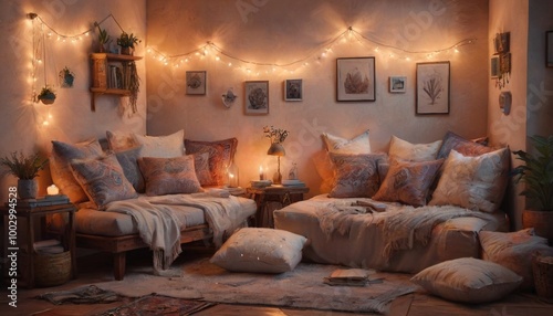 A cozy boho reading nook adorned with soft pillows and warm lighting, creating an inviting space for reflection and imagination, Generative AI