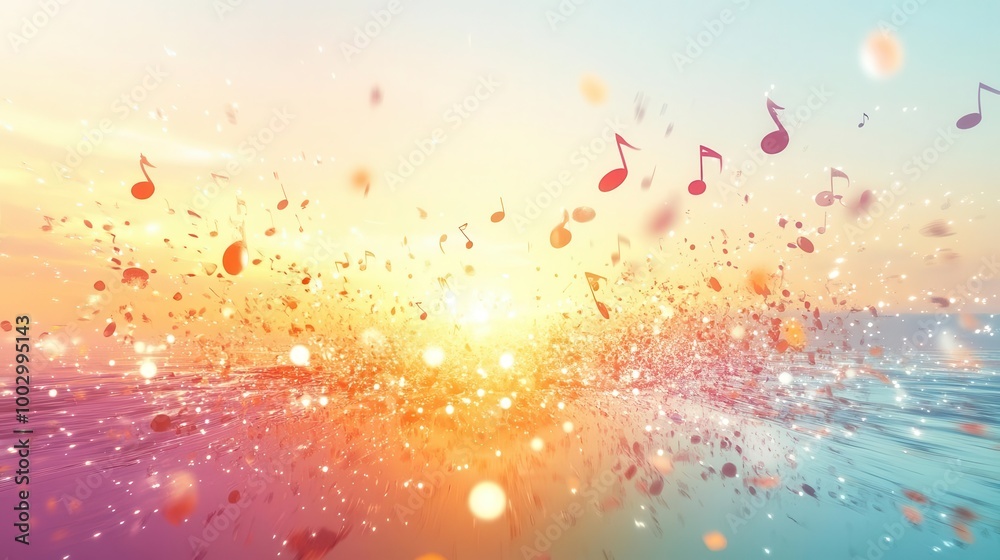 A symphony of musical notes rising from the ocean at sunset