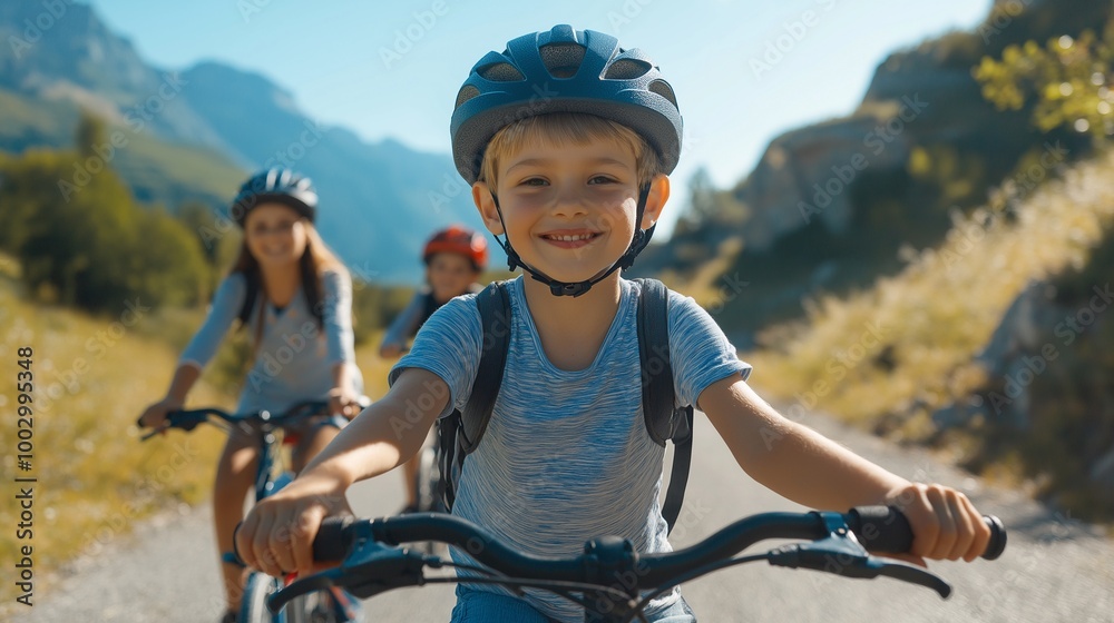 Obraz premium Smiling child riding a bicycle outdoors on a sunny day with friends, perfect for promoting family activities, cycling adventures, and outdoor lifestyle in nature with vibrant mountain scenery
