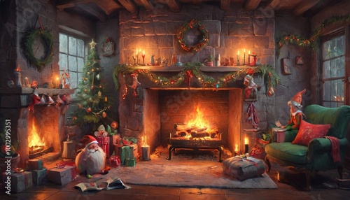 A whimsical illustration of a fireplace surrounded by playful elves and festive decorations, capturing the magic and joy of the Christmas season, Generative AI