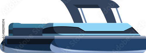 Modern blue pontoon boat is floating on the water, offering a relaxing and enjoyable experience for cruising and leisure activities