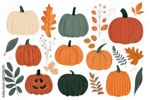 A collection of pumpkins in diverse shapes and vibrant colors, designed as a vector with Thanksgiving and Halloween-themed elements, all bathed in warm, natural light.