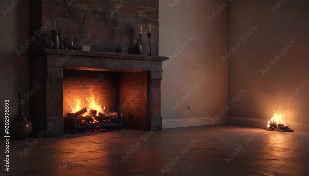 A serene scene of a fireplace glowing softly in the evening, casting shadows on the walls and creating a peaceful ambiance for reflection and relaxation, Generative AI A serene scene of a fireplace glowing softly in the evening, casting shadows on the walls and creating a peaceful ambiance for reflection and relaxation, Generative AI