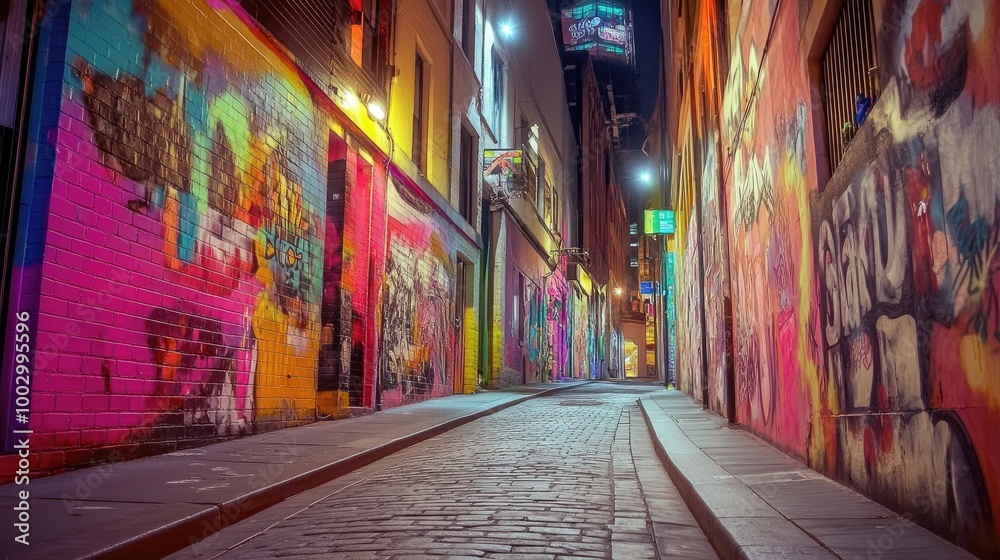 Fototapeta premium Colorful Street Art in Urban Alley at Night