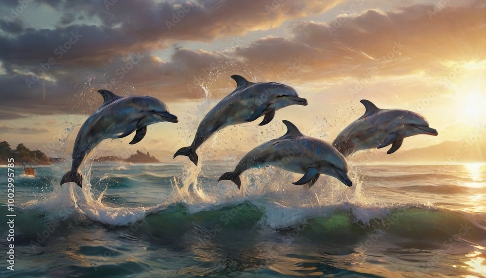 Obraz premium A playful pod of dolphins leaping gracefully through the sparkling ocean waves, embodying the joy and freedom of marine life in a vibrant underwater scene, Generative AI