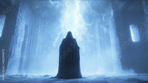 Enigmatic Sorcerer Conjuring Dark Magic in Ominous Castle during Thunderstorm