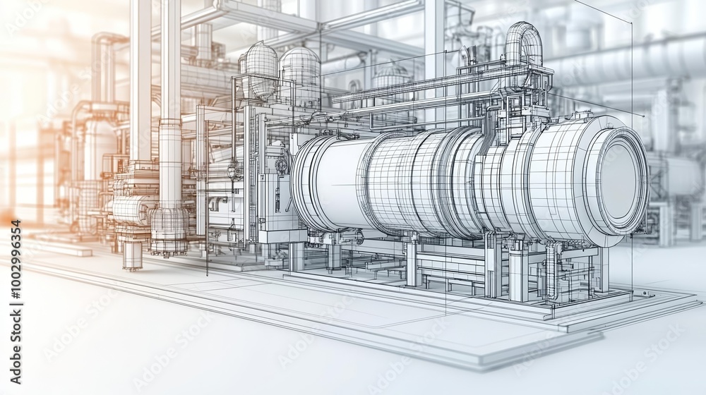 Wireframe sketch of industrial plant, complex machinery, 3D technical illustration, clean lines, engineering design Wireframe sketch of industrial plant, complex machinery, 3D technical illustration, clean lines, engineering design
