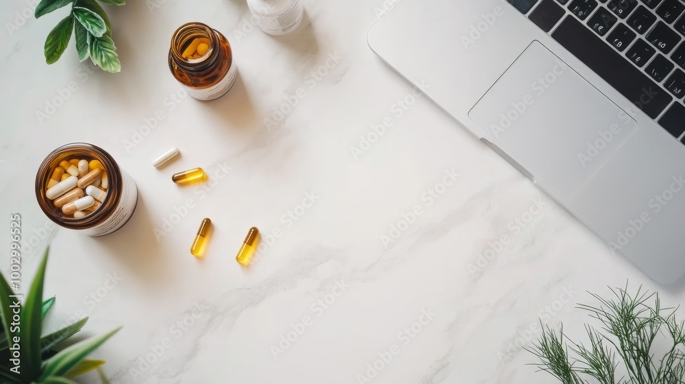 Clean, minimalist medical workspace with medication bottles and a laptop Clean, minimalist medical workspace with medication bottles and a laptop