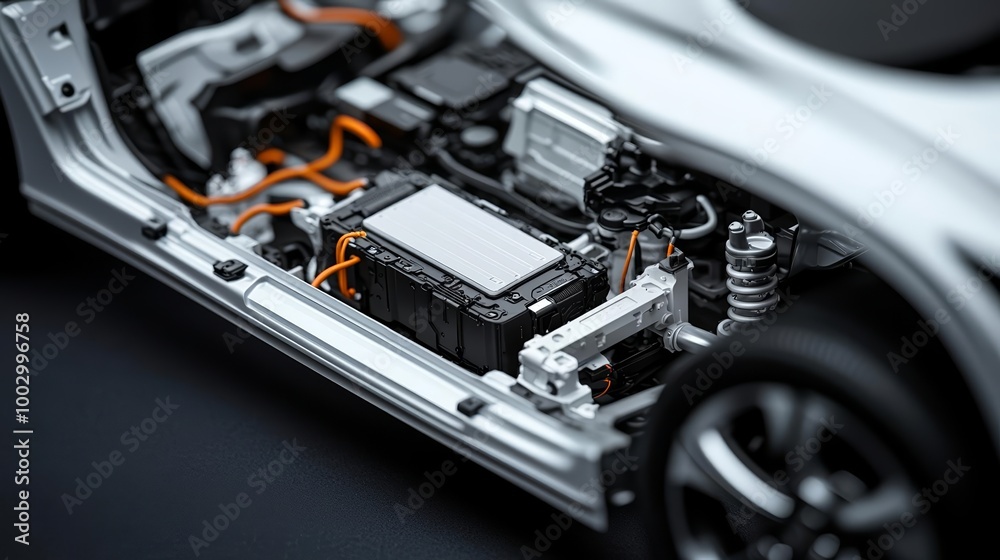Fototapeta premium Cutaway view of modern electric car with detailed battery pack and mechanical systems