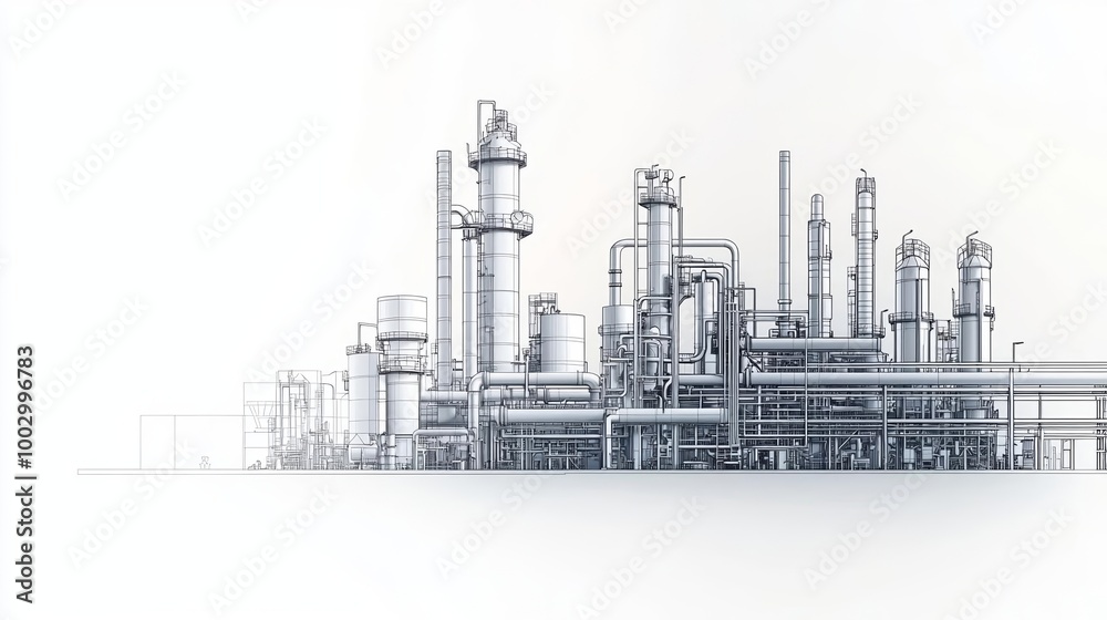 Fototapeta premium Detailed line art of industrial oil refinery, intricate pipelines and tall structures, minimalist background