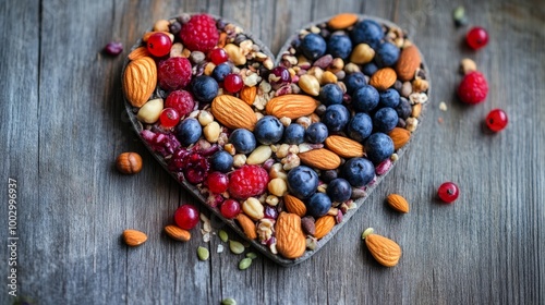 Close-up of a heart symbol made from heart-healthy snacks like nuts, seeds, and berries on a wooden table