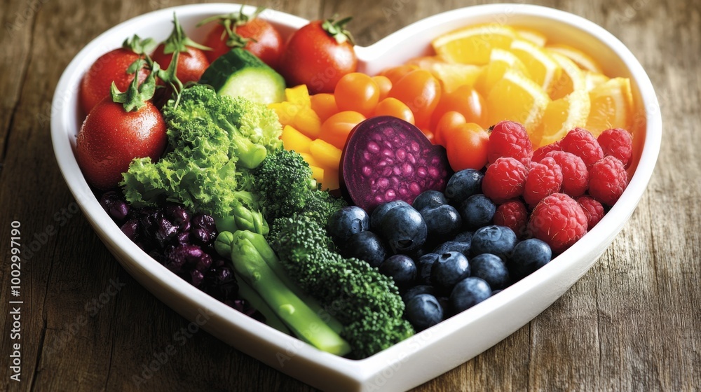 Close-up of a heart-shaped bowl filled with heart-healthy fruits and vegetables, emphasizing nutritious eating habits Close-up of a heart-shaped bowl filled with heart-healthy fruits and vegetables, emphasizing nutritious eating habits