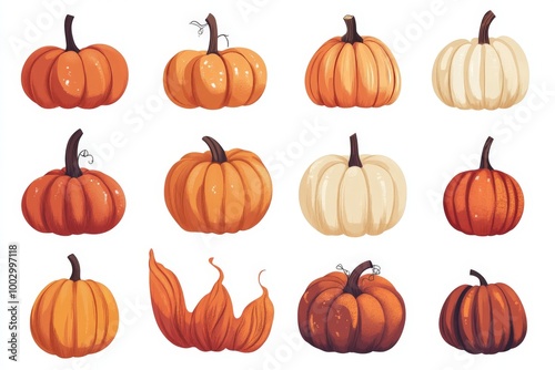 A collection of pumpkins in diverse shapes and vibrant colors, designed as a vector with Thanksgiving and Halloween-themed elements, all bathed in warm, natural light.