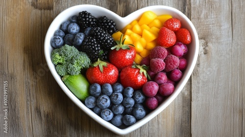 Close-up of a heart-shaped bowl filled with heart-healthy fruits and vegetables, emphasizing nutritious eating habits