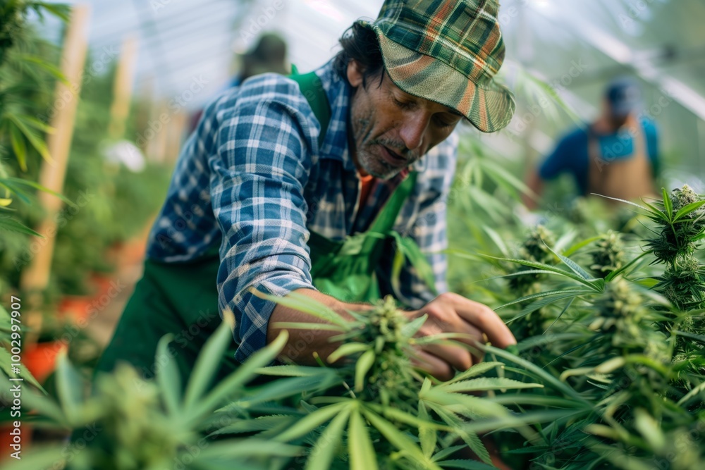 Fototapeta premium A man is tending to a field of marijuana plants