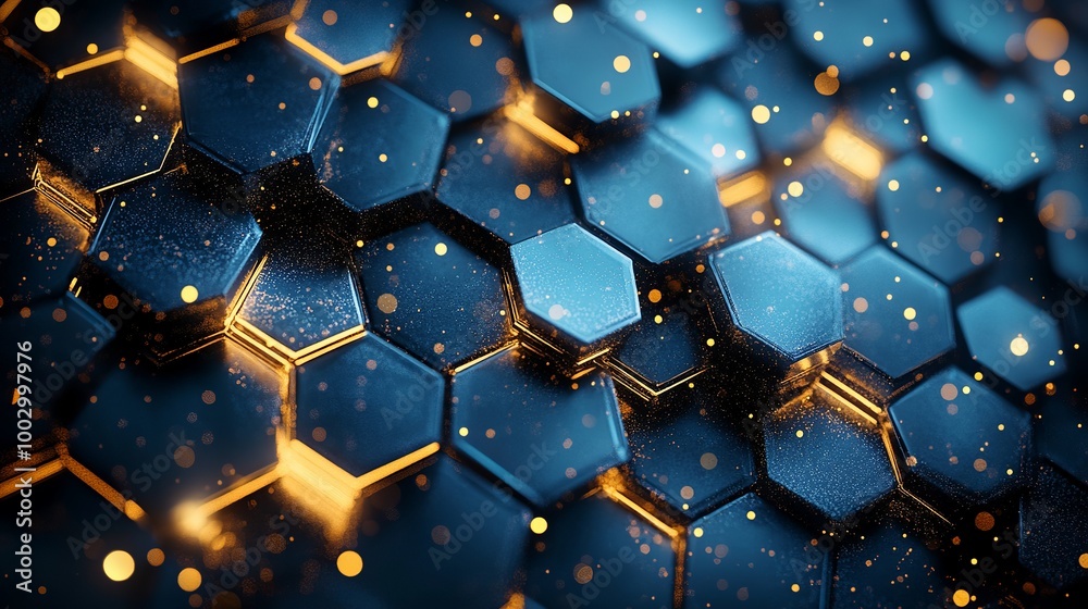 An ethereal backdrop unfolds, adorned with a tessellation of hexagonal shapes. Each hexagon shimmers with a vibrant blend of azure and gilded light, evoking a celestial tapestry An ethereal backdrop unfolds, adorned with a tessellation of hexagonal shapes. Each hexagon shimmers with a vibrant blend of azure and gilded light, evoking a celestial tapestry