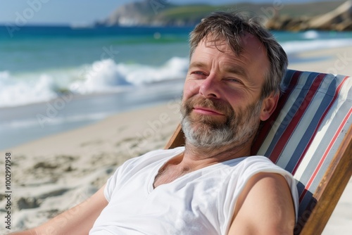 A man with a beard is sitting on a beach chair and smiling