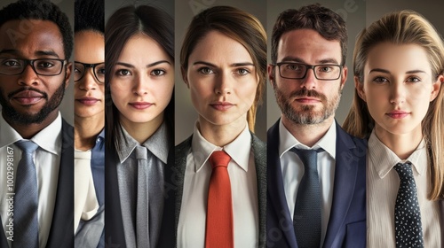 Collage of diverse business people in formal attire, each face representing different roles and office activities