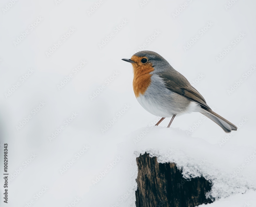 A robin stands on a snowy stump, showcasing its vibrant feathers against a serene winter backdrop of soft snow A robin stands on a snowy stump, showcasing its vibrant feathers against a serene winter backdrop of soft snow