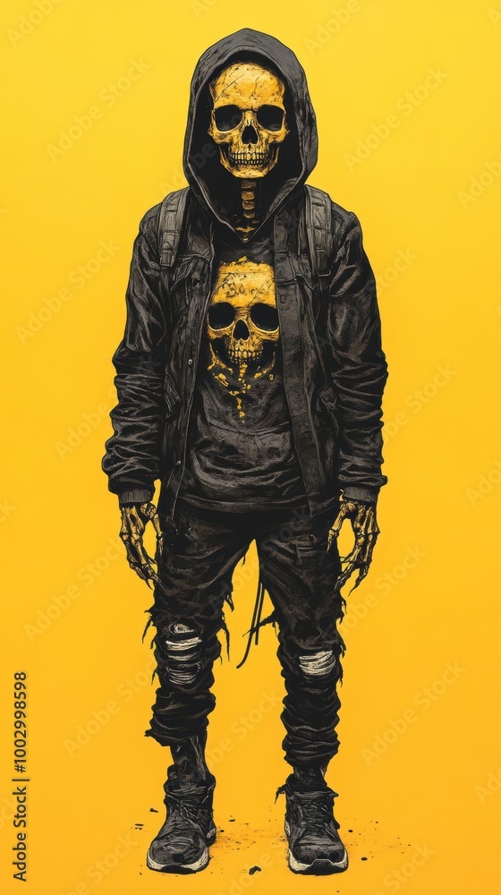A skeletal figure in a hooded jacket and ripped jeans stands against a solid background The figure has a skull for a head and another skull on its chest A skeletal figure in a hooded jacket and ripped jeans stands against a solid background The figure has a skull for a head and another skull on its chest