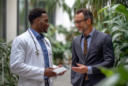 Pharmaceutical sales representative talking with doctors in medical building, presenting new product on tablet, Generative AI