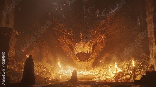 Epic Knight Rescuing Princess from Dragon's Lair Among Treasures and Torches