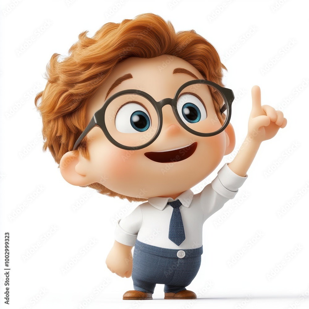 Smiling cartoon boy with glasses raises his finger Smiling cartoon boy with glasses raises his finger