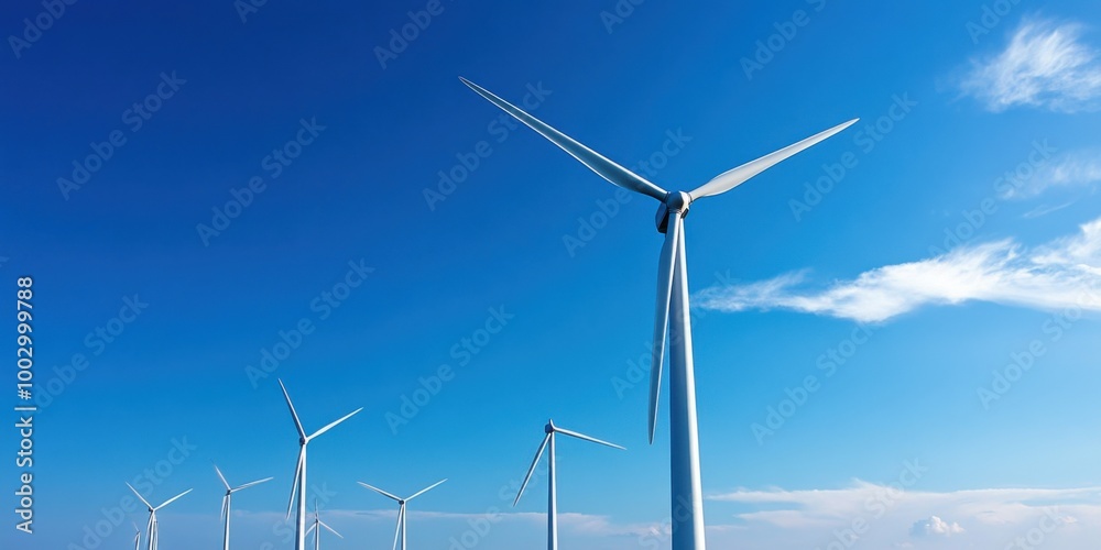 Wind Farm with Turbines Spinning Against a Blue Sky Wind Farm with Turbines Spinning Against a Blue Sky