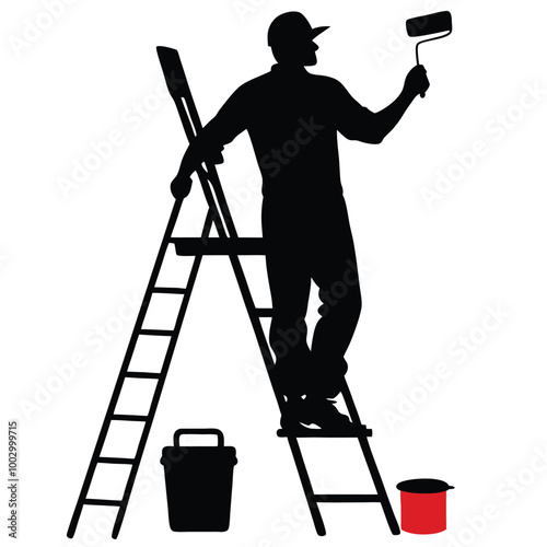 a black silhouette of a man standing on a ladder. He is holding a paint roller in his right hand and appears to be in the process of painting or painting a wall 