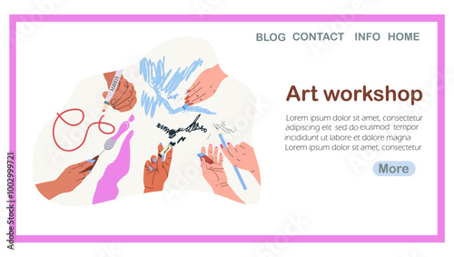 Landing page art workshop, hand drawn vector illustration.