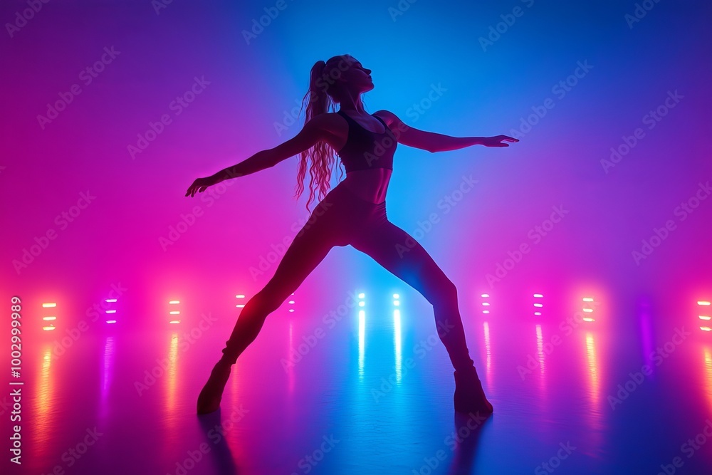 Modern dance girl dancer dancing in neon light doing gymnastic exercises in studio, copy space, Generative AI Modern dance girl dancer dancing in neon light doing gymnastic exercises in studio, copy space, Generative AI