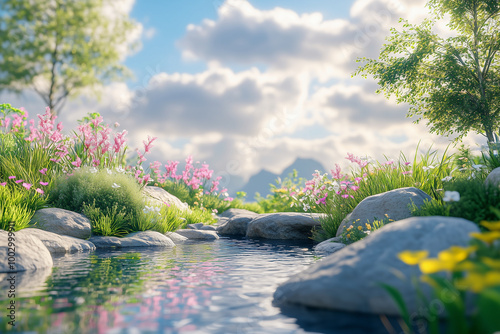 Garden with plants and grass, blue sky, water, rocks, white clouds, green leaves, nature background