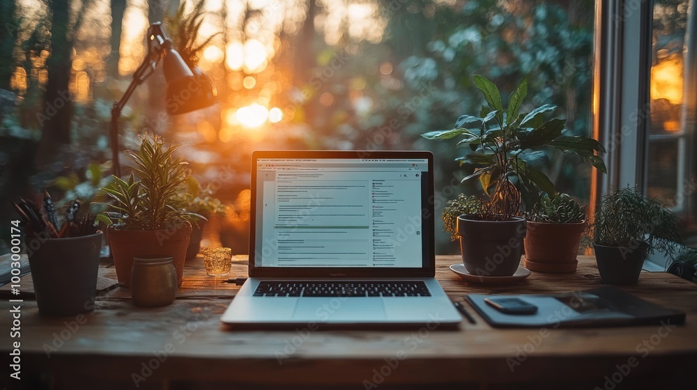 Laptop on Desk with Plants and Sunset View Laptop on Desk with Plants and Sunset View