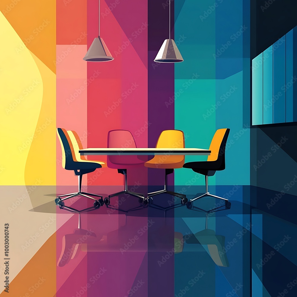 Vibrant office meeting room featuring modern interior design with bold colors and decor Vibrant office meeting room featuring modern interior design with bold colors and decor
