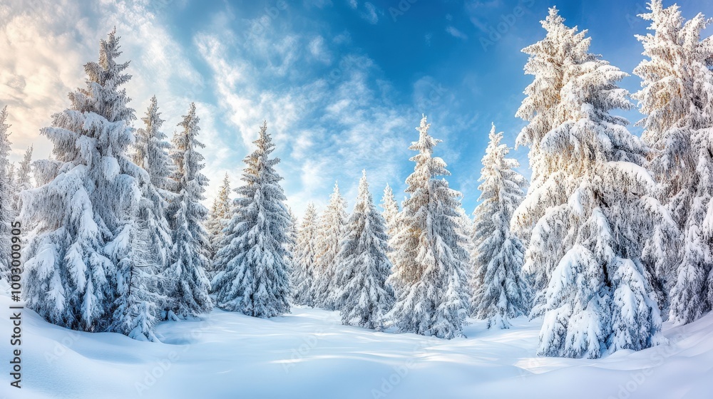 Tall coniferous trees blanketed in fresh snow create a peaceful winter wonderland, illuminated by the soft glow of sunlight against a clear blue sky Tall coniferous trees blanketed in fresh snow create a peaceful winter wonderland, illuminated by the soft glow of sunlight against a clear blue sky