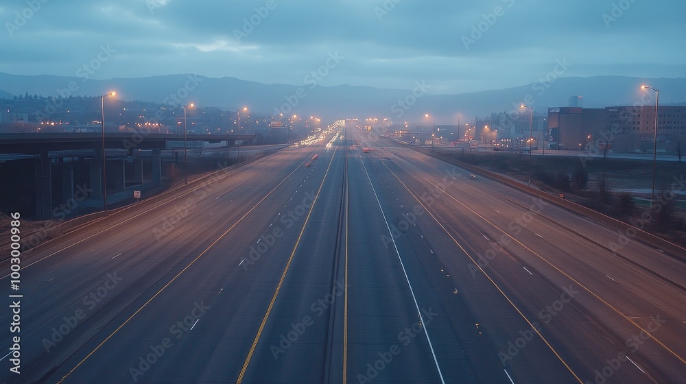 Empty Highway at Dusk with City Lights Empty Highway at Dusk with City Lights