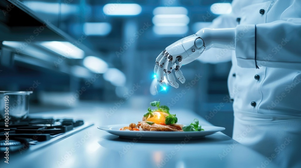 Robot Chef Preparing Gourmet Meal in High-Tech Kitchen Robot Chef Preparing Gourmet Meal in High-Tech Kitchen