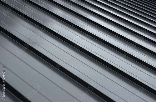 Close-up house retro roof panel with standing seam and fasteners. Modern galvanized steel roofing sheet with ribs. Classic style black metal panel with rebate joint. Falz roofing. Building's covering