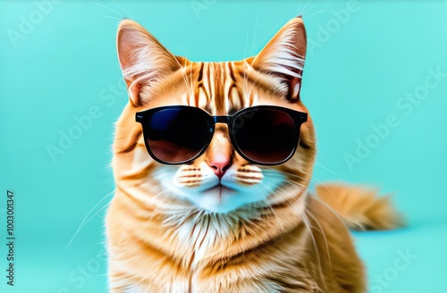 A stylish ginger cat wearing trendy sunglasses against a bright turquoise background.