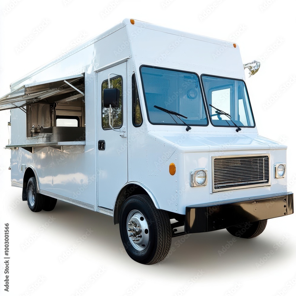 A white food truck with a serving window open A white food truck with a serving window open