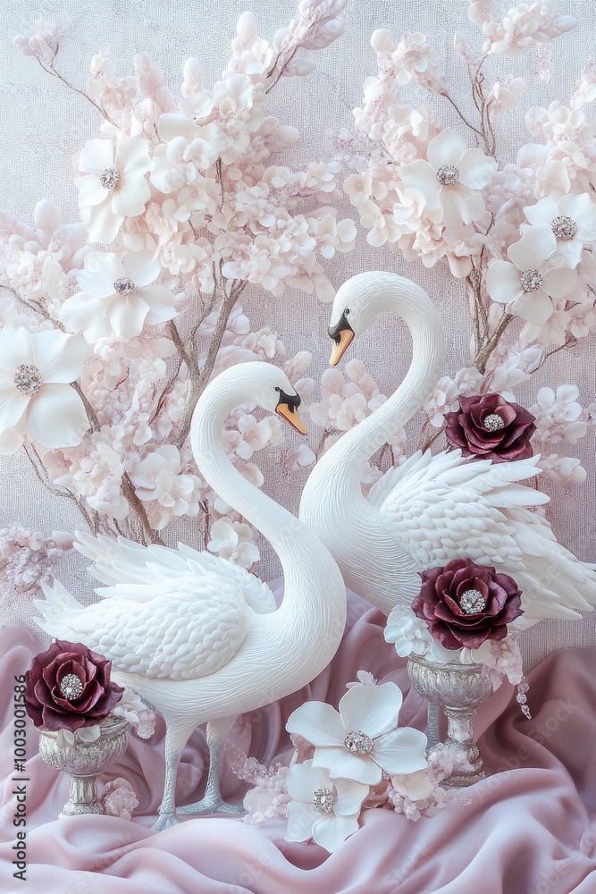 Obraz premium sculpture of two swans, with white and burgundy flowers in vases adorned with rhinestones, against a background luxury fabric